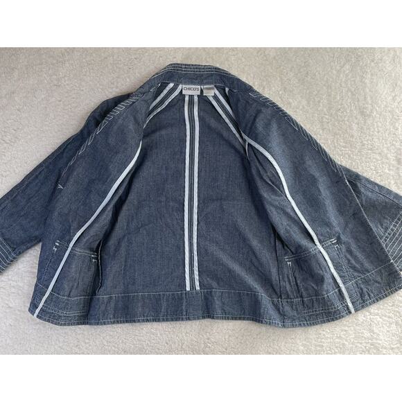 Chicos Jean Jacket Womens Size 0 Nautical contrast Stitch Flap Chambray Denim - Picture 9 of 11
